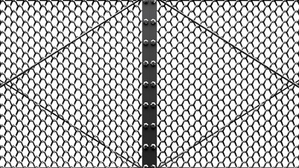 Silver wire mesh gates on white background.
3D illustration for background.
