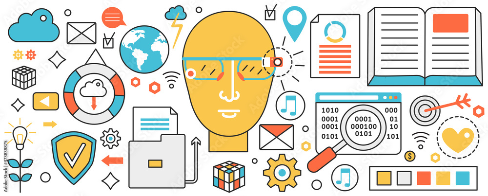 Poster web app development technology. abstract head brainstorming, ai tech devices for productivity of res