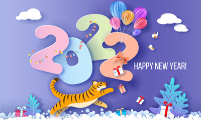 2022 New Year design card with tiger on blue winter background