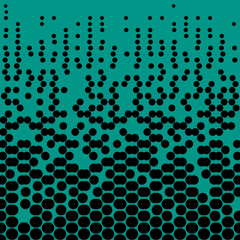 Abstract seamless geometric circle pattern. Mosaic background of black circles. Evenly spaced shapes of different sizes. Vector illustration on teal background