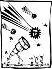 Woodcut style of people watching comets that look like covid pandemic spores