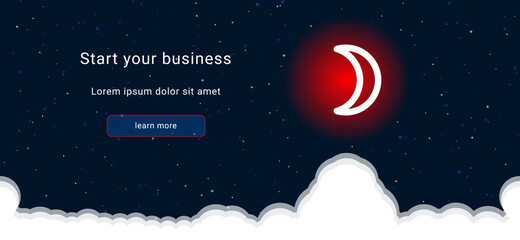 Business startup concept Landing page screen. The moon astrological symbol on the right is highlighted in bright red. Vector illustration on dark blue background with stars and curly clouds from below