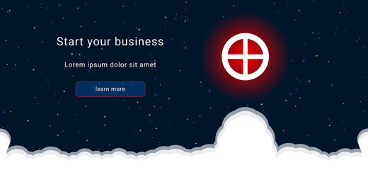 Business startup concept Landing page screen. The white astrological earth symbol on the right. Vector illustration on dark blue background with stars and curly clouds from below