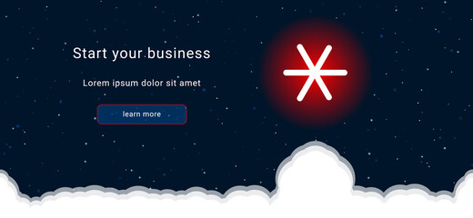 Business startup concept Landing page screen. The white astrological sextile symbol on the right. Vector illustration on dark blue background with stars and curly clouds from below