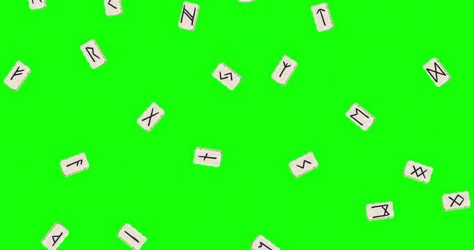 Animation with magic rune symbols on green screen. Runes seamless ethnic pattern. Runic alphabet, Futhark. Ancient norse occult symbols, black vikings letters carved in stone. 4K Video motion graphic