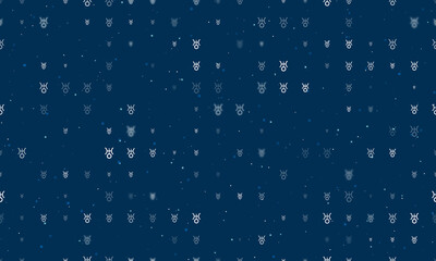 Seamless background pattern of evenly spaced white astrological uranus symbols of different sizes and opacity. Vector illustration on dark blue background with stars