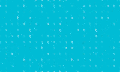 Seamless background pattern of evenly spaced white astrological saturn symbols of different sizes and opacity. Vector illustration on cyan background with stars