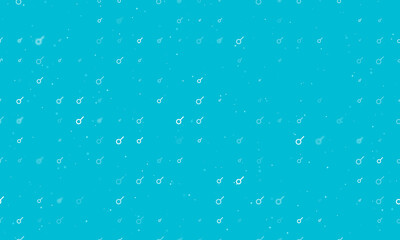 Seamless background pattern of evenly spaced white astrological connection symbols of different sizes and opacity. Vector illustration on cyan background with stars