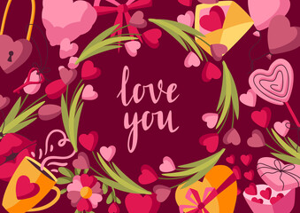 Happy Valentine Day greeting card. Holiday background with romantic and love symbols.