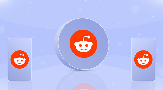 Round button reddit icon with two phones with instagram logo on screens 3d