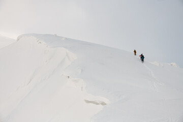 mountain slope with powdery snow along which a group of freeriders are walking