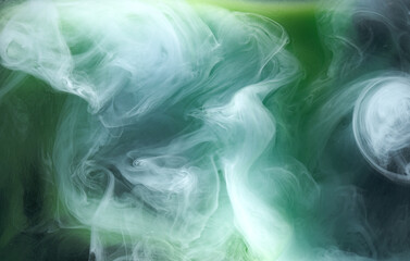Green smoke on black ink background, colorful fog, abstract swirling emerald ocean sea, acrylic...