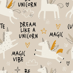 Vector color hand-drawn seamless repeating childish pattern with cute unicorns in Scandinavian style on a beige background. Kids texture for fabric, wrapping, textile, wallpaper, apparel. Horse. © ZHUKO