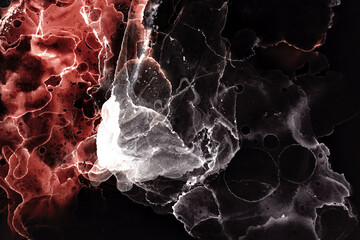 Abstract white red electric wave on black technology background. Neon light paint in water, acrylic explosion, fluid liquid art