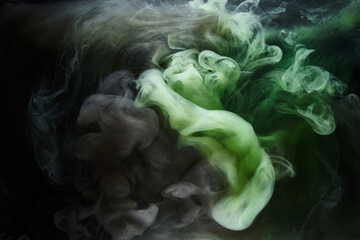 Green smoke on black ink background, colorful fog, abstract swirling emerald ocean sea, acrylic...