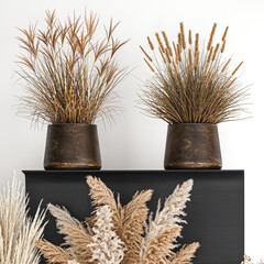 bouquet of dried thorny twigs in a vase with Arctium on a white background