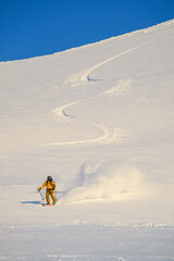 beautiful view of snow-covered mountain slope with skier skied down it