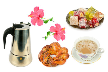 Coffee, coffeepot, bun and Turkish delight isolated on white. Collage.