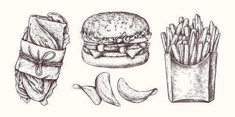 Vector hand drawn Fast food. Hamburger, chips, sandwich, fries. Lunch isolated on white background. Line graphics. Collection of snacks. Junk food.
Great for label, menu, poster, banner, voucher