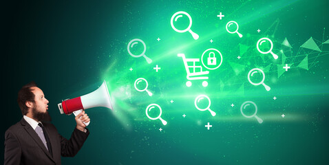 Young person with megaphone and technology related icon