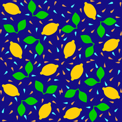 Vector graphics - a beautiful seamless pattern with lemon fruits, leaves and seeds on a dark blue background of trendy colors. Concept - wrapping paper or fabric