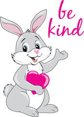 Smiling rabbit with pink heart. Be kind