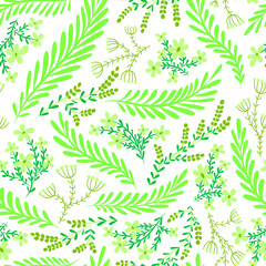 Green floral background. Seamless vector pattern with flowers and plants on white. Green and light-green color
