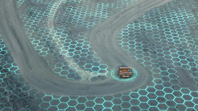 A mining dump truck drives on a road in a deep iron ore quarry. Iron ore mining. Visualization of a modern quarry.