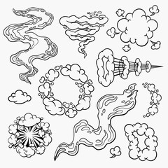 Comic clouds, cartoon vector clouds in line style isolated on light background.