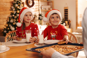 Father giving freshly baked delicious Christmas cookies to his children at home, closeup