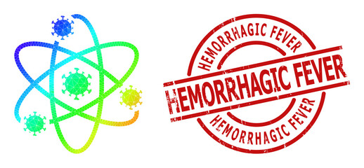 HEMORRHAGIC FEVER corroded seal and lowpoly rainbow colored atom viruses icon with gradient. Red stamp contains Hemorrhagic Fever title inside circle and lines template.