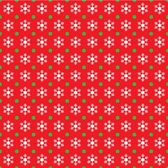 White snow flakes and green dots on red background. Snow flakes and dots shape pattern. Christmas color background.