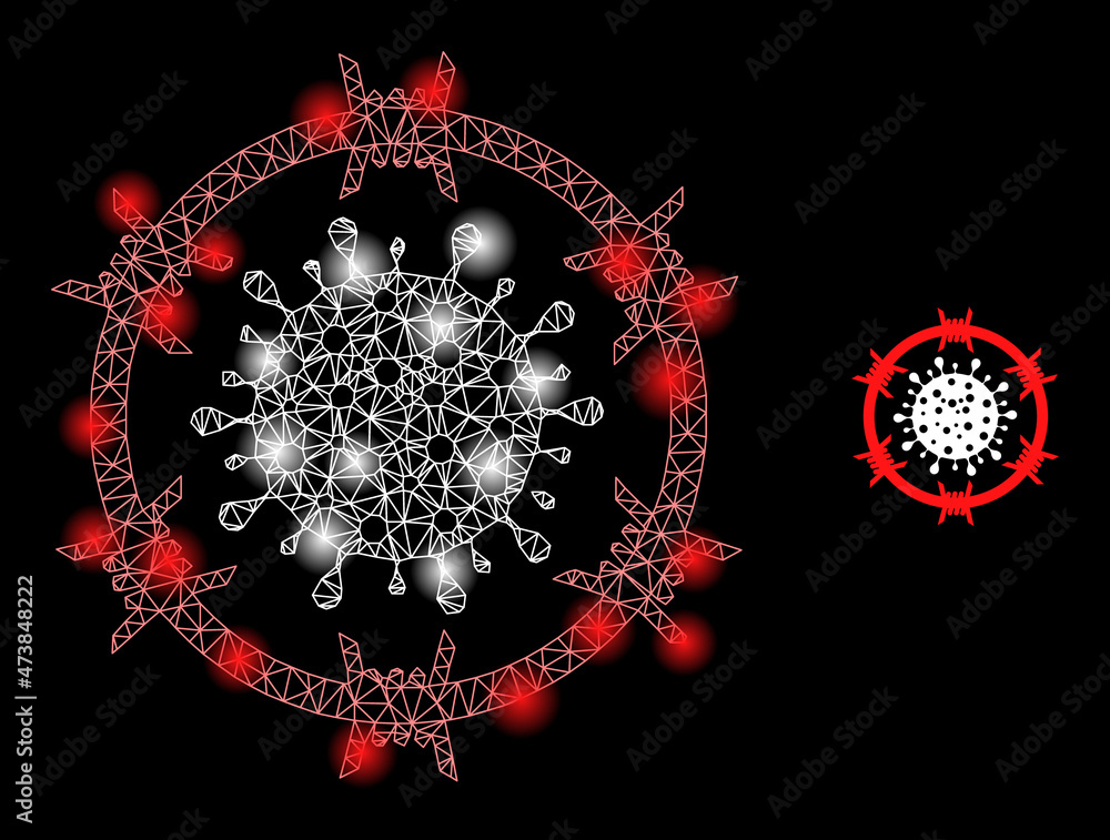 Poster glowing mesh barbed coronavirus zone web icon with illuminated spots. illuminated constellation is g