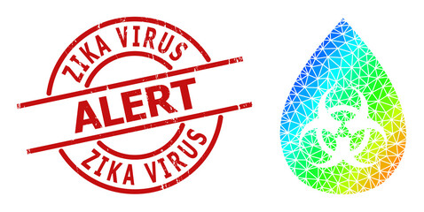 Zika Virus Alert unclean seal and lowpoly spectral colored biohazard drop icon with gradient. Red seal includes ZIKA VIRUS ALERT tag inside round and lines template.