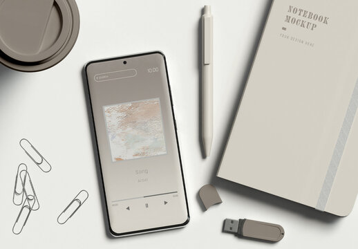 Top View of Smartphone with Office Items Mockup