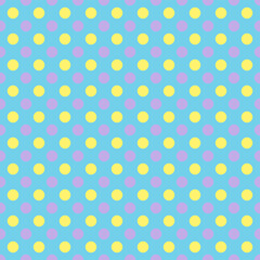 Polka Dots pattern in yellow and purple spots on blue background. Yellow and violet dots on blue backdrop.