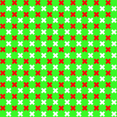 White and red cross pattern on green background. Multiply clipart pattern on green backdrop. Christmas pattern.