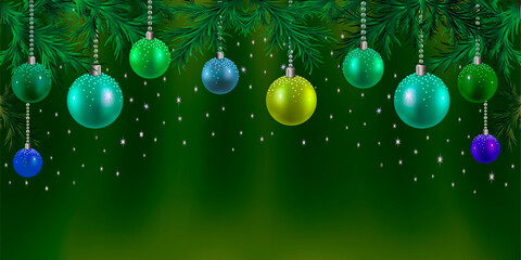 A Green Christmas background, with many multicolored christmas balls hanging from above. Background with christmas tree branches and hanging color balls. Great for christmas cards, banners.