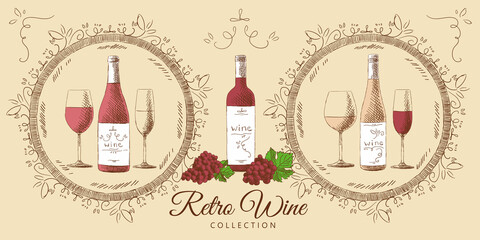 Retro wine collage with bottles of wine, glasses, grapes with leaves, wine corks, corkscrew and vintage frame, hand-drawn.	