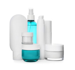 Many different cosmetics products on white background