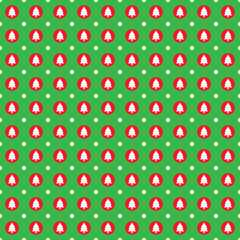 Christmas trees pattern in red circles on green background.  