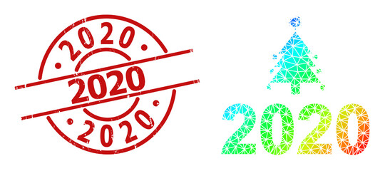 Obraz premium 2020 textured stamp seal and low-poly spectrum colored covid 2020 new year icon with gradient. Red stamp seal has 2020 text inside round and lines form.