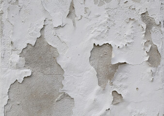Background of peeling white paint on an old wall. Texture background of an old wall made of gray plaster. Cracks. Copy space. Old peeling plaster wall, crumbles.