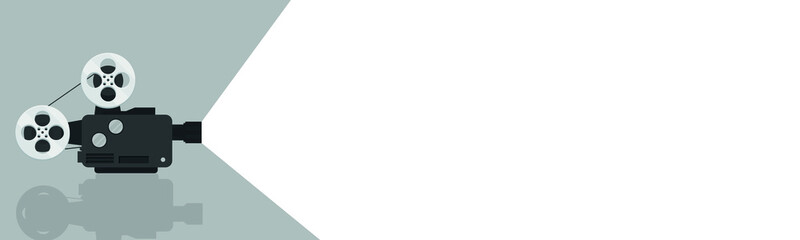 Old cinema background or banner. Movie time. An old movie camera and a beam of light from it. Vector