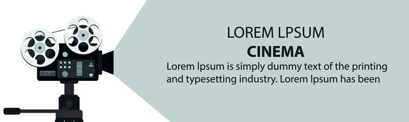 Film time concept with movie projector and text area. Movie poster, booklet or banner template with detailed retro projector with film strip. Vector