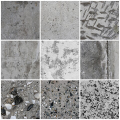 Texture set of old cracked concrete walls. Rough gray concrete surfaces with stones. Backgrounds collection for design.