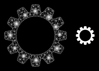 Constellation mesh cog web icon with glitter light spots. Illuminated constellation created using cog vector icon. Illuminated carcass web polygonal cog, on a black background.