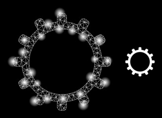 Glowing network cog web icon with illuminated spots. Illuminated constellation is generated using cog vector icon. Flare carcass web polygonal cog, on a black background.