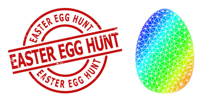Easter Egg Hunt rubber seal and lowpoly spectral colored egg icon with gradient. Red stamp seal contains Easter Egg Hunt tag inside circle and lines form.