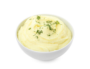 Bowl with freshly cooked homemade mashed potatoes isolated on white